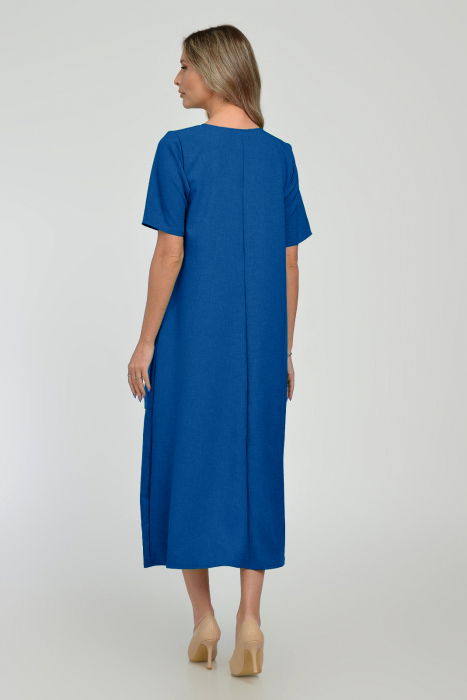 Rochie lunga A-line din in mercerizat cu siret la poale, albastra [3]