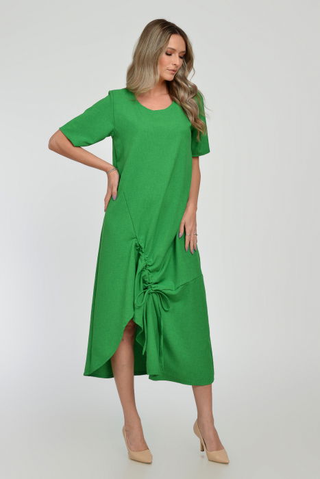 Rochie lunga A-line din in mercerizat cu siret la poale, verde intens [3]