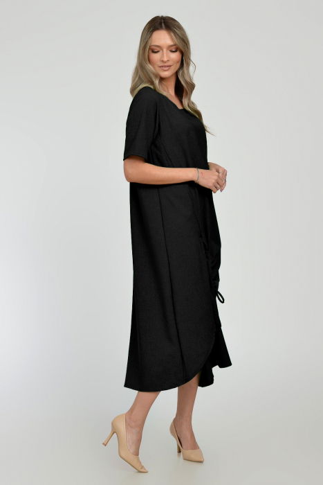 Rochie lunga A-line din in mercerizat cu siret la poale, neagra [2]