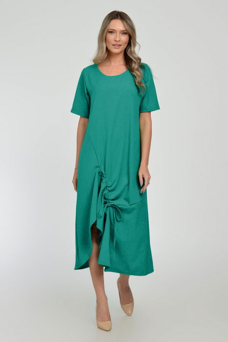 Rochie lunga A-line din in mercerizat cu siret la poale, turcoaz inchis