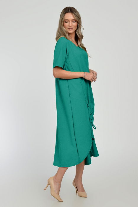 Rochie lunga A-line din in mercerizat cu siret la poale, turcoaz inchis [2]