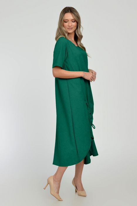 Rochie lunga A-line din in mercerizat cu siret la poale, verde inchis [2]