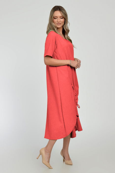 Rochie lunga A-line din in mercerizat cu siret la poale, corai [2]