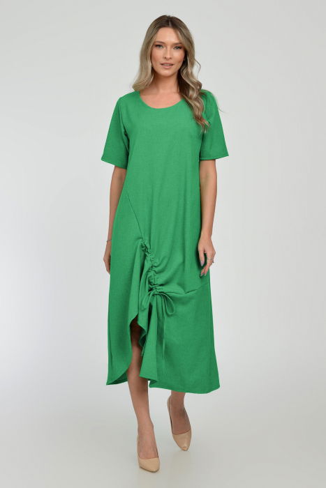 Rochie lunga A-line din in mercerizat cu siret la poale, verde smarald