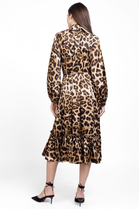 Rochie eleganta din satin, cu nasturei albi perlati si imprimeu animal print [2]
