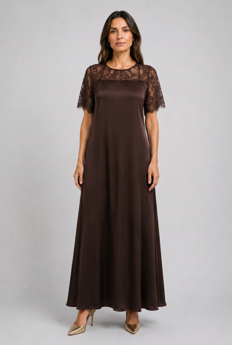 Rochie maxi A-line din satin matase si vascoza, insertii din dantela si croi fluid, maro