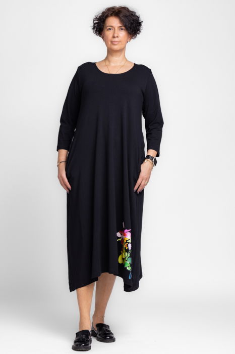 Rochie lunga A-line din tricot de bumbac neagra cu imprimeu petale [2]