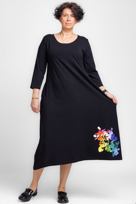 Rochie lunga A-line din tricot de bumbac neagra cu imprimeu petale [3]