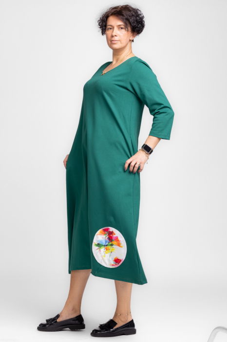 Rochie lunga A-line din jerseu punto milano verde cu aplicatie flori [2]
