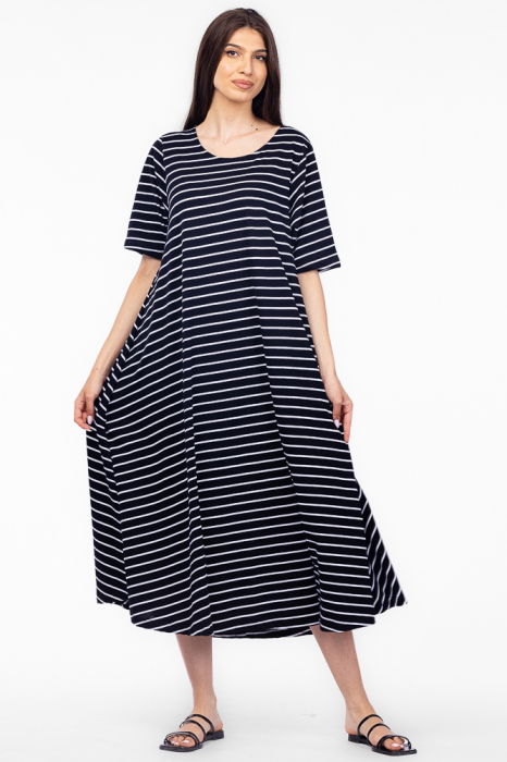Rochie lunga A-line, din tricot de bumbac, cu dungi albe pe fond bleumarin [2]