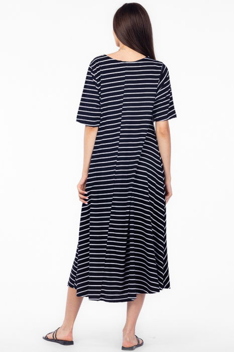 Rochie lunga A-line, din tricot de bumbac, cu dungi albe pe fond bleumarin [5]