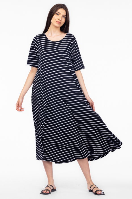 Rochie lunga A-line, din tricot de bumbac, cu dungi albe pe fond bleumarin [3]