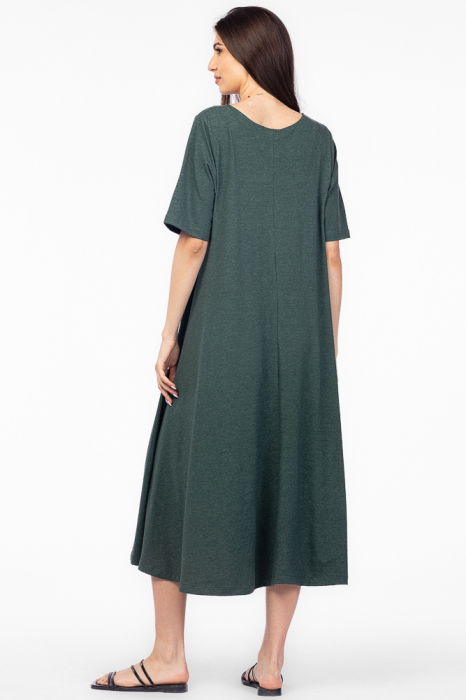 Rochie lunga A-line verde, cu imprimeu grafic chip, din tricot de bumbac [3]
