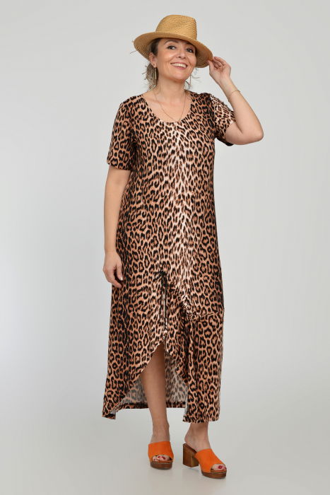 Rochie lunga A-line din tricot de vascoza cu siret la poale, imprimeu animal print [2]