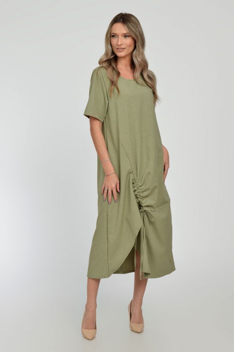 Rochie lunga A-line din in mercerizat cu siret la poale, kaki deschis [3]