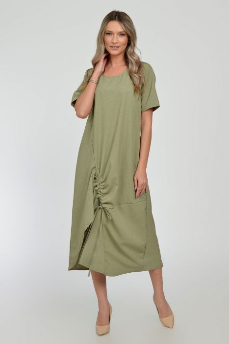 Rochie lunga A-line din in mercerizat cu siret la poale, kaki deschis [2]