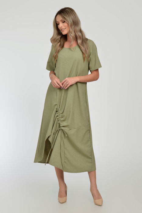 Rochie lunga A-line din in mercerizat cu siret la poale, kaki deschis [7]