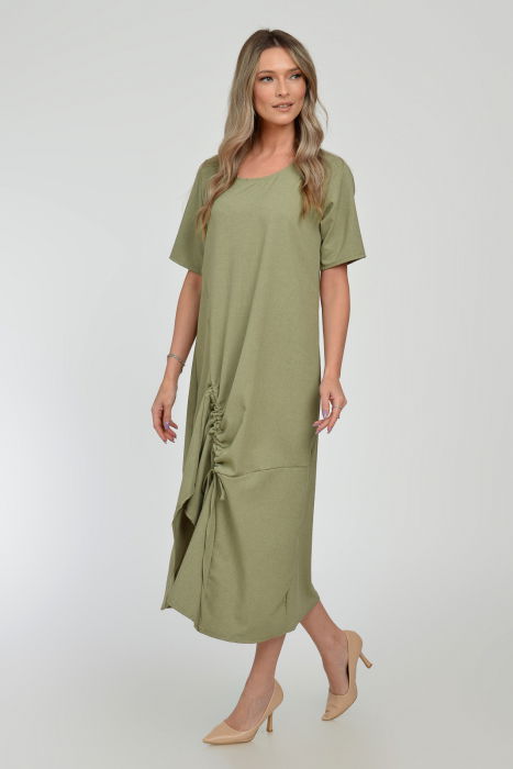 Rochie lunga A-line din in mercerizat cu siret la poale, kaki deschis [6]