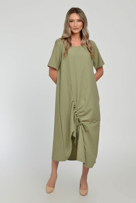 Rochie lunga A-line din in mercerizat cu siret la poale, kaki deschis [8]