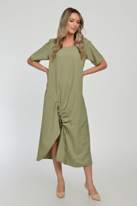 Rochie lunga A-line din in mercerizat cu siret la poale, kaki deschis [9]