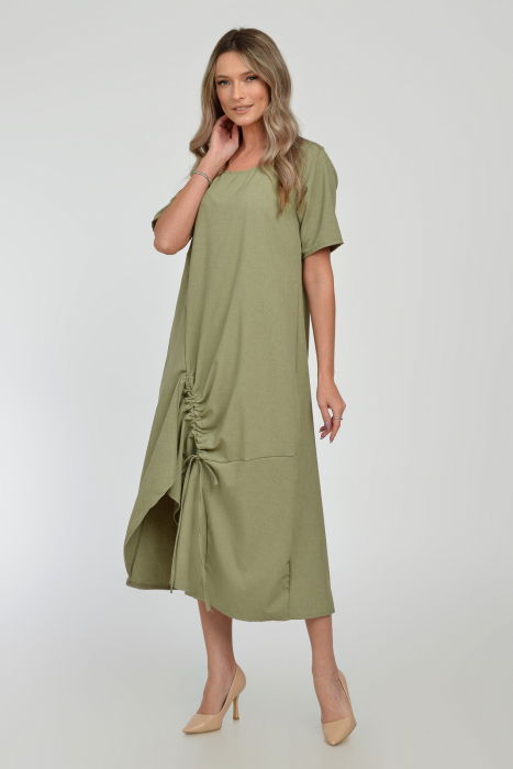 Rochie lunga A-line din in mercerizat cu siret la poale, kaki deschis [5]