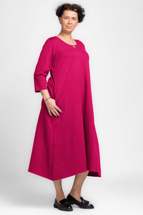 Rochie lunga A-line fucsia inchis, din tricot de bumbac