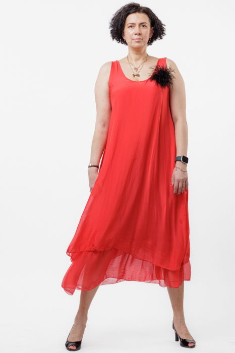 Rochie lunga A-line, suprapusa, din matase si vascoza, rosie [3]