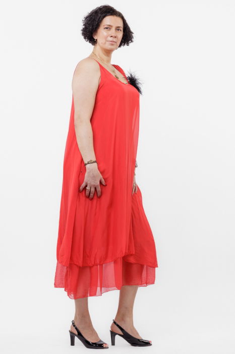 Rochie lunga A-line, suprapusa, din matase si vascoza, rosie [4]