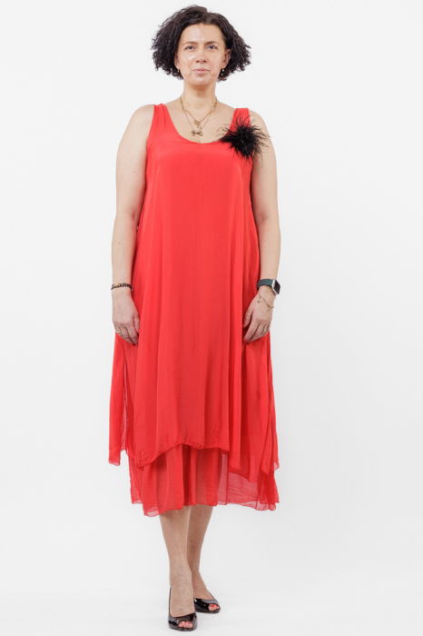 Rochie lunga A-line, suprapusa, din matase si vascoza, rosie [2]