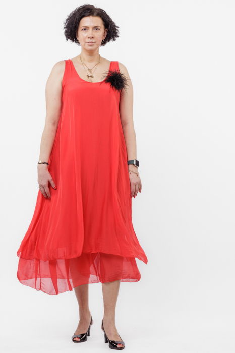 Rochie lunga A-line, suprapusa, din matase si vascoza, rosie [1]