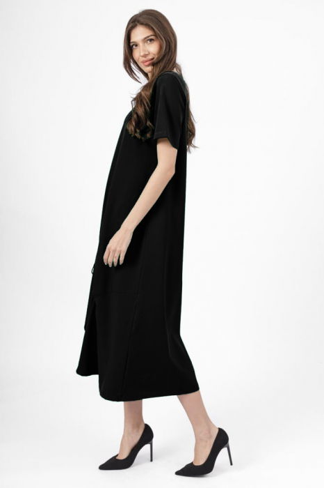 Rochie lunga A-line neagra, din tricot de bumbac cu siret la poale [2]