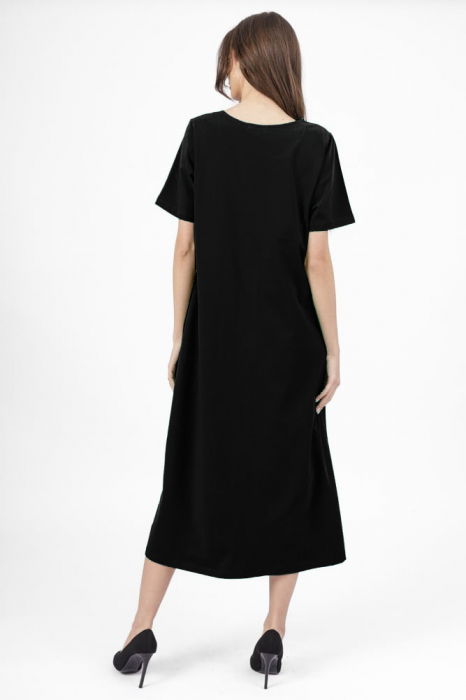 Rochie lunga A-line neagra, din tricot de bumbac cu siret la poale [3]