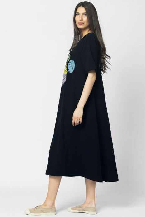 Rochie lunga A-line, bleumarin, cu imprimeu chip stilizat [2]