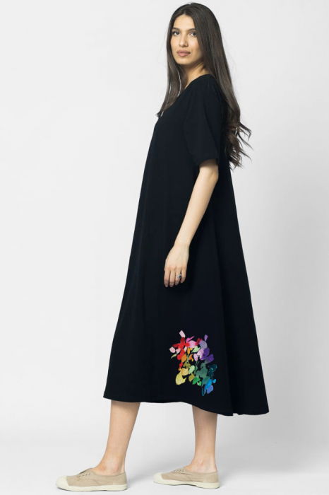 Rochie lunga A-line, bleumarin, cu imprimeu floare stilizata cu petale multicolore [2]