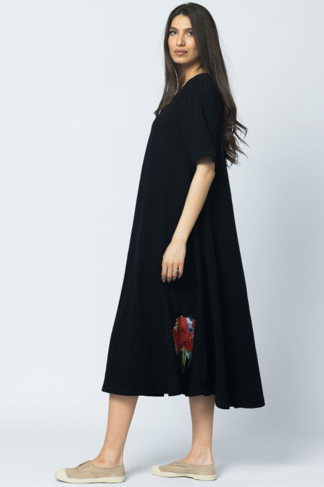 Rochie lunga A-line, bleumarin, cu imprimeu maci [3]