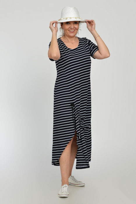 Rochie lunga A-line din tricot de vascoza cu siret la poale, bleumarin cu dungi albe [6]