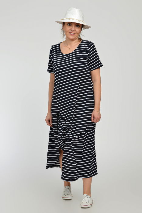 Rochie lunga A-line din tricot de vascoza cu siret la poale, bleumarin cu dungi albe [8]