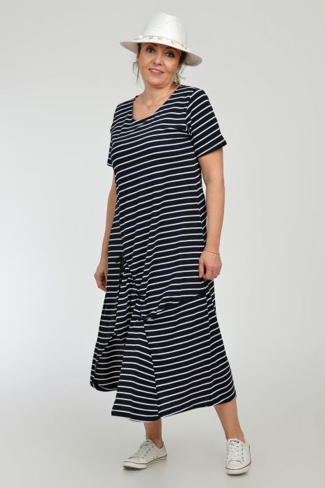 Rochie lunga A-line din tricot de vascoza cu siret la poale, bleumarin cu dungi albe [9]