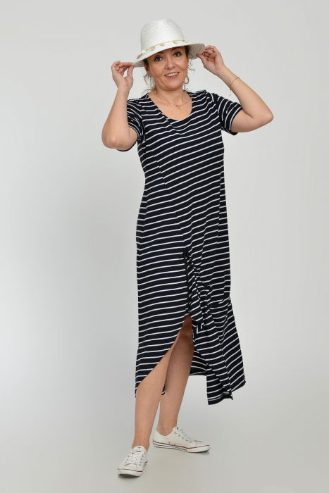 Rochie lunga A-line din tricot de vascoza cu siret la poale, bleumarin cu dungi albe [3]