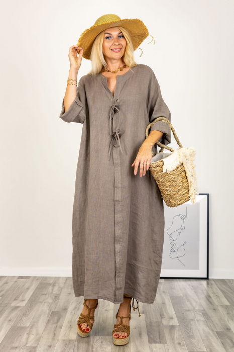 Rochie din in, cu doi nasturi decorativi pe piept, bej inchis [8]