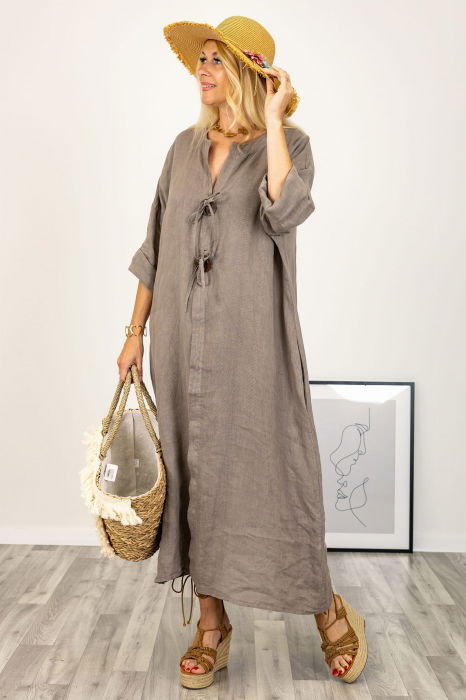 Rochie din in, cu doi nasturi decorativi pe piept, bej inchis [6]