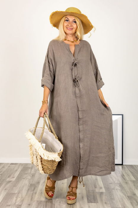 Rochie din in, cu doi nasturi decorativi pe piept, bej inchis [7]