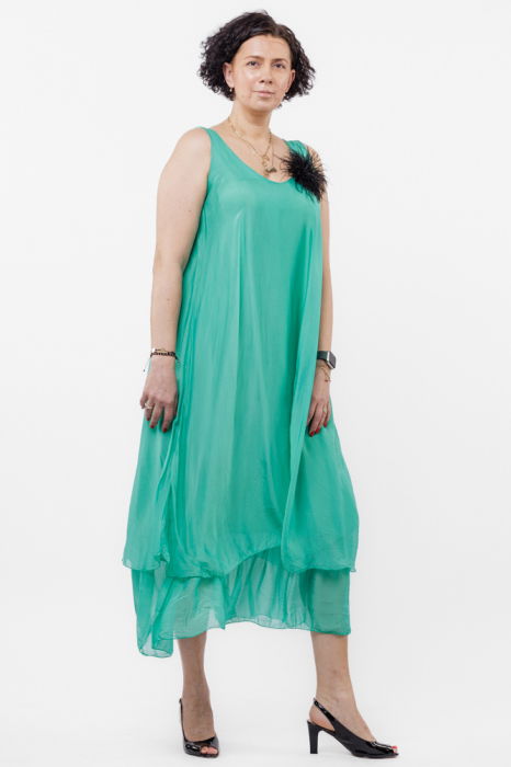 Rochie lunga A-line, suprapusa, din matase si vascoza, verde [1]