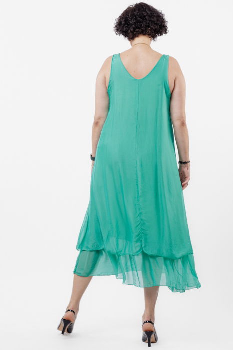 Rochie lunga A-line, suprapusa, din matase si vascoza, verde [3]