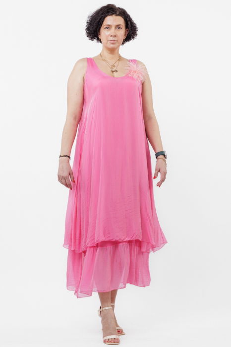 Rochie lunga A-line, suprapusa, din matase si vascoza, fucsia [1]