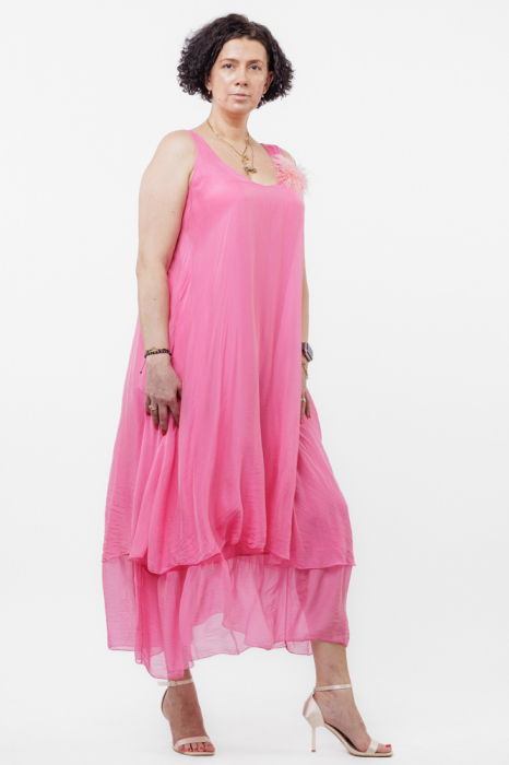 Rochie lunga A-line, suprapusa, din matase si vascoza, fucsia [2]