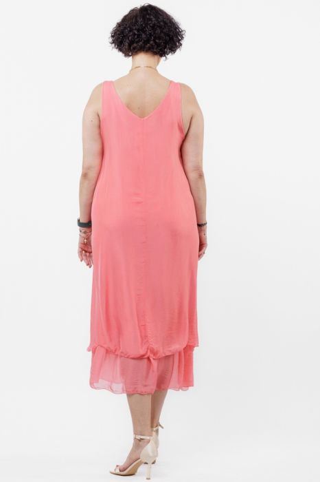 Rochie lunga A-line, suprapusa, din matase si vascoza, roz coral [4]