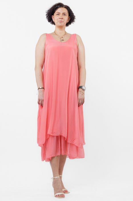 Rochie lunga A-line, suprapusa, din matase si vascoza, roz coral [2]