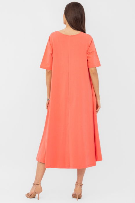 Rochie lunga A-line corai, din tricot de bumbac cu imprimeu chip stilizat [2]