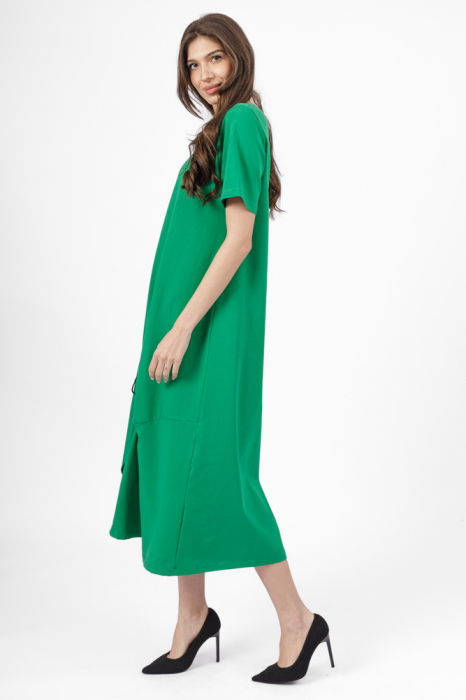 Rochie lunga A-line verde, din tricot de bumbac cu siret la poale [2]